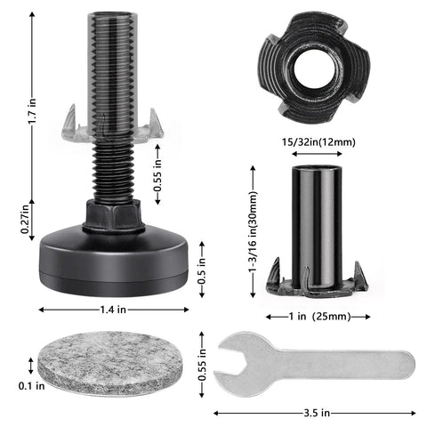 Heavy Duty Furniture Levelers With M10 Thread Adjustable Feet And T Nut Kit For Cabinets Workbenches Tables Chairs Sofas And More Large Base Supports Up To 1320 Lbs 4 Pack - components with dimensions