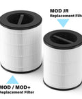 Two cylindrical air filters, labeled MOD JR and MOD/MOD+ Replacement Filter, showing 3-In-1 Air Filter Replacement For JR Air Purifier With Blue Handle.