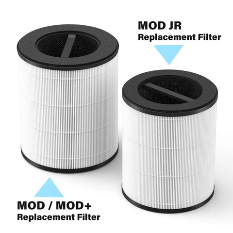 Two cylindrical air filters, labeled MOD JR and MOD/MOD+ Replacement Filter, showing 3-In-1 Air Filter Replacement For JR Air Purifier With Blue Handle.