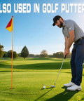 Golfer using Magnetic Alignment Rods For Irons And Wedges, Telescopic Golf Training Aid with putter on green near flag.