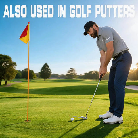 Golfer using Magnetic Alignment Rods For Irons And Wedges, Telescopic Golf Training Aid with putter on green near flag.