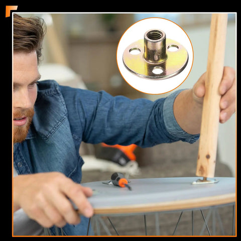 Hella Tough 4 Piece M8 Tee Nuts Zinc Plated Steel Panel Fasteners With Screws three hole round base installed in furniture.