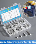 Top Shelf 120 Piece White Wall Plate Screw Kit With Four Standard Thread Sizes For Outlet Covers Light Switches And Faceplate Fasteners No Sweat Setup Smooth Install Daily in a storage case showing organized screws.