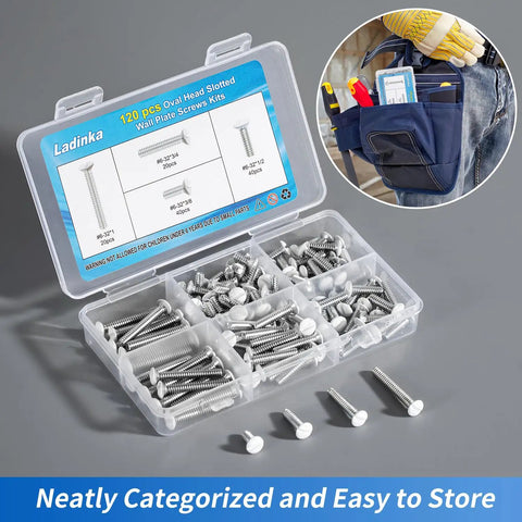 Top Shelf 120 Piece White Wall Plate Screw Kit With Four Standard Thread Sizes For Outlet Covers Light Switches And Faceplate Fasteners No Sweat Setup Smooth Install Daily in a storage case showing organized screws.