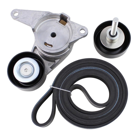 Belt Tensioner And Serpentine Belt Idler Pulley Direct Fit For GM Vehicles with belt and pulley components visible
