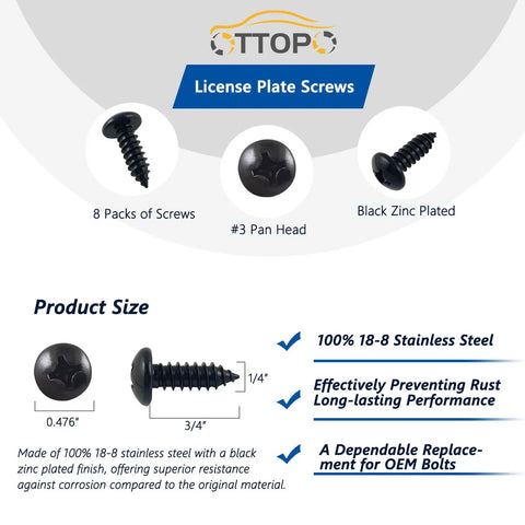 Sturdy Black License Plate Screws Kit For Cars And SUVs, 18 8 Stainless Steel, Number Three Phillips Pan Head, Specs Displayed