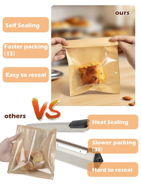 Comparison of 100 Pack Self Sealing Cookie Bags vs heat sealing bags, showing ease of use and speed for bakery packaging.