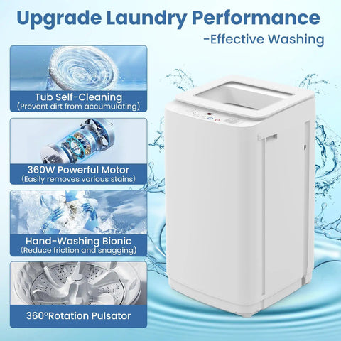 Fully Automatic Portable Washing Machine And Dryer Set Featuring A Solid Stainless Steel Tub Plus 17 Lbs Washer Paired With 10 Lbs Dryer showing features like a 360W motor and self-cleaning tub.