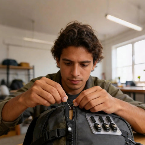 Man repairing backpack zipper with Zipper Repair Kit 3 Piece Universal Puller Tool Set For Jackets Boots Luggage And Backpacks Quick Zip Slider Replacement For Sewing Travel And Outdoor Gear Repair No Sweat DIY.