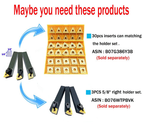 Front view of three 5/8-inch left-cutting carbide indexable turning tool holders with inserts and a yellow insert case