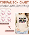 Comparison chart showing Vintage Pink Cow Print Sublimation Paper Sheets for DIY Crafts before and after transfer on a shirt.