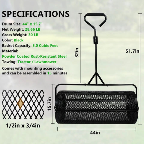 No Brainer 44 Inch Push And Tow Compost Spreader With Durable Powder Coated Metal Mesh Roller shown with dimensions