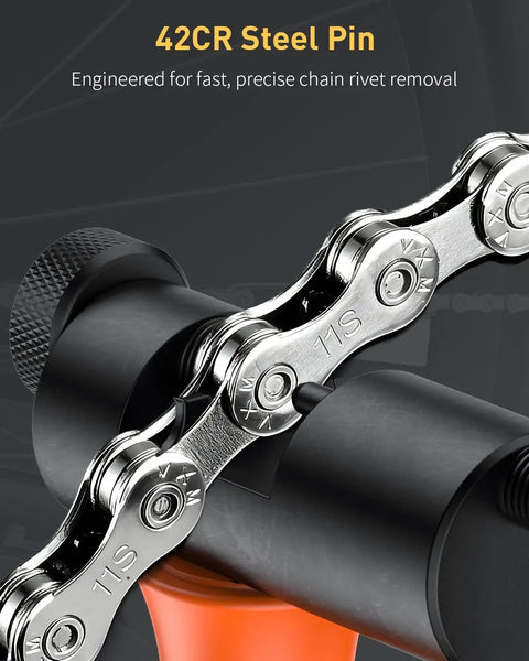 Close-up of Heavy Duty Bike Chain Breaker Tool for 5 to 12 Speed and Single Speed Chains with chain hook in use