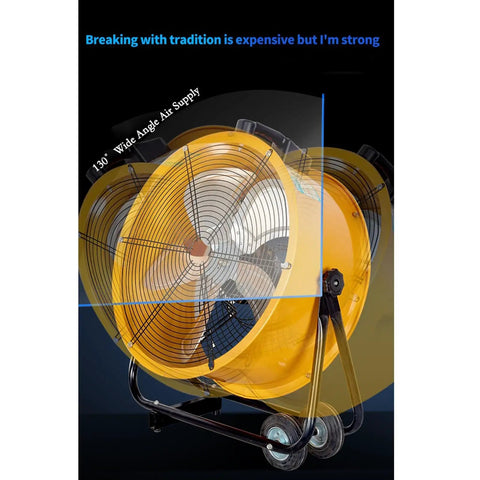 Badass High Velocity 24 Inch Industrial Floor Fan With Sturdy Metal Stand And Adjustable Tilt showing 130° wide angle airflow for effective cooling.