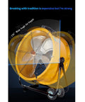 Heavy Duty 20 Inch Industrial Drum Fan With Wheeled Cart And Adjustable Tilt angled view showing fan blades and wheels.
