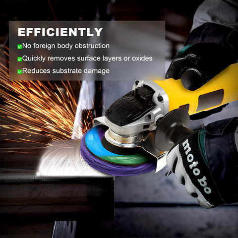 WelderElite 4.5-inch purple paint-stripping disc on an angle grinder; 12-pack for metal paint and rust removal.