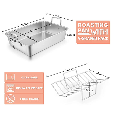 Diagram of Big Turkey Roasting Pan With V Shaped Rack Stainless Steel Roaster Pan 16x11.5Inch Heavy Duty showing dimensions and features.