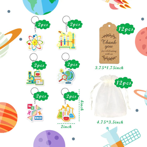 Science Party Favors 12 Pack Keychains With Thank You Kraft Tags And Organza Bags for unique science-themed celebrations