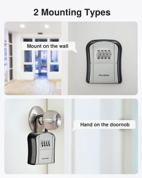 Resettable Combination Key Lock Box mounted on wall and door knob, gray, for home office apartment, portable secure key storage.