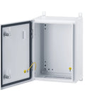Open Beefy Weatherproof Metal Electrical Enclosure Box With Wall Mount Bracket And Plate, IP65 NEMA 4, showing inside, 16x12x8 Inches