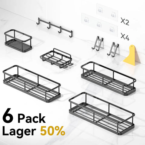 Adhesive Shower Caddy Set For Inside Shower No Drill Rustproof Bathroom Organizer 6 Pack Large Capacity Shelves With Toothbrush Holder Soap Dish Tape And Hooks For Kitchen And Bath displayed on a white surface