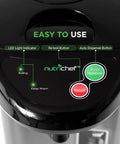 Control panel of insulated stainless steel hot water urn with LED light indicator, re-boil, and auto dispense buttons.