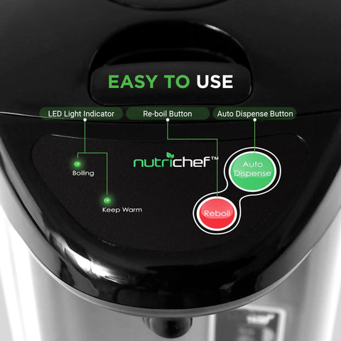 Control panel of insulated stainless steel hot water urn with LED light indicator, re-boil, and auto dispense buttons.