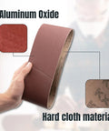 3 By 21 Inch Sanding Belts 10 Pack 40 Grit Aluminum Oxide for Portable Belt Sander being held, highlighting material details