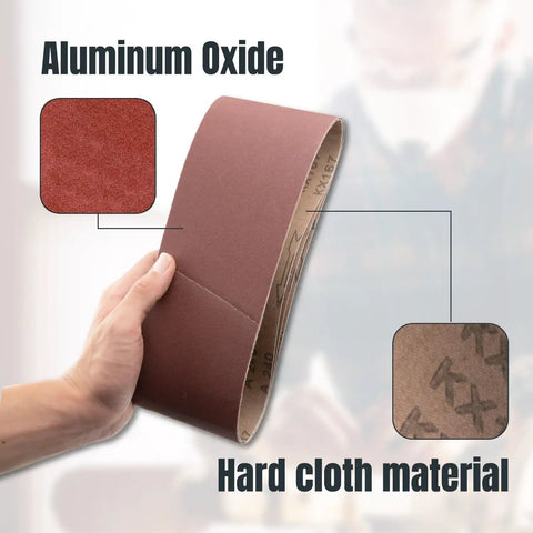 3 By 21 Inch Sanding Belts 10 Pack 40 Grit Aluminum Oxide for Portable Belt Sander being held, highlighting material details