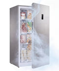 Super Roomy Fourteen Cubic Foot Frost Free Upright Freezer With Digital Controls And Heavy Duty Wire Shelves showing frozen items.