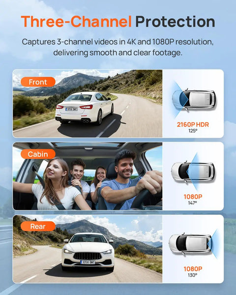 Beast 4K Front And Interior Dash Cam With Rear 1080P, 3 Channel Car Camera showcasing front, cabin, and rear views in action