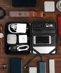 Open Waterproof Electronics Organizer Bag With Double Layer Design for tablets, cables, chargers, earbuds, in charcoal black.