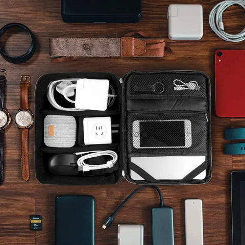 Open Waterproof Electronics Organizer Bag With Double Layer Design for tablets, cables, chargers, earbuds, in charcoal black.