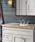 Parkwood No-Fuss Two-Handle Lavatory Faucet, Widespread Brushed Nickel, 3-Hole Install for 6-16 in set on beige bathroom vanity