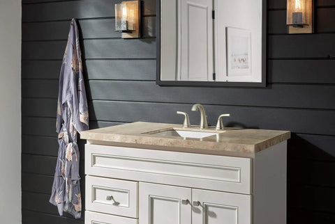 Parkwood No-Fuss Two-Handle Lavatory Faucet, Widespread Brushed Nickel, 3-Hole Install for 6-16 in set on beige bathroom vanity