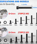 540-Piece M2 M3 Hex Socket Head Cap Screw Bolt Nut Assortment Kit Features Dead Nuts Precision In 12.9 Grade Black Zinc Plated Alloy Steel Alongside Hex Keys For Sweet 3D Prints And DIY Wins - specifications chart with sizes and quantities.