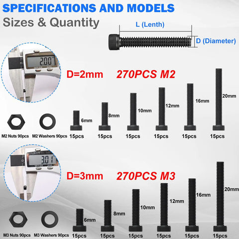 540-Piece M2 M3 Hex Socket Head Cap Screw Bolt Nut Assortment Kit Features Dead Nuts Precision In 12.9 Grade Black Zinc Plated Alloy Steel Alongside Hex Keys For Sweet 3D Prints And DIY Wins - specifications chart with sizes and quantities.