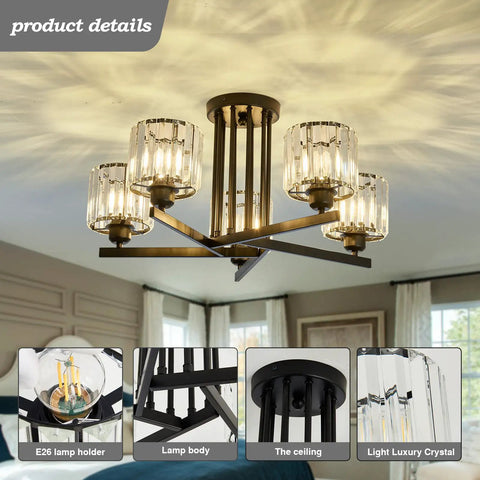 Five Light Crystal Chandelier In Dope Black Close To Ceiling Pendant Light Fixture For Kitchen Dining Room Bedroom Hallway