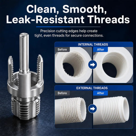 Pro Grade Pvc Pipe Threading Tool With 1 2 3 4 And 1 Inch Die Heads creating smooth internal and external threads on PVC pipes.