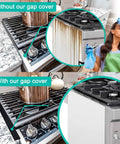 Comparison showing stove gap without and with Extra Long 30 Inch Silicone Stove Gap Filler That Stays Put Fits 0.2 To 1 Inch Gaps Thick 10oz Insert Kitchen Gap Cover For 21 And 25 Inch Counters Black Set Of 2.