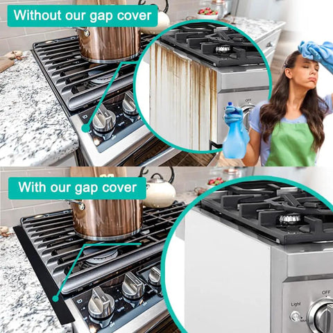 Comparison showing stove gap without and with Extra Long 30 Inch Silicone Stove Gap Filler That Stays Put Fits 0.2 To 1 Inch Gaps Thick 10oz Insert Kitchen Gap Cover For 21 And 25 Inch Counters Black Set Of 2.