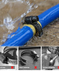 Image of stainless steel hose clamps securing leaking blue hose with product comparison for quality assurance.