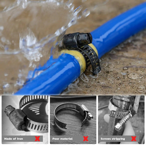 Image of stainless steel hose clamps securing leaking blue hose with product comparison for quality assurance.