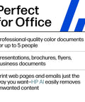 Text stating 'Perfect for Office' with features for presentations, business documents, and HP AI removal on a white background.
