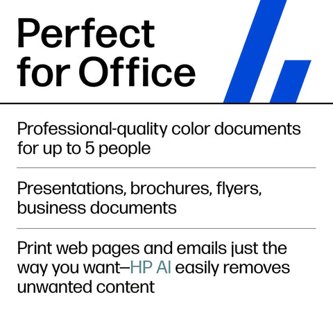 Text stating 'Perfect for Office' with features for presentations, business documents, and HP AI removal on a white background.