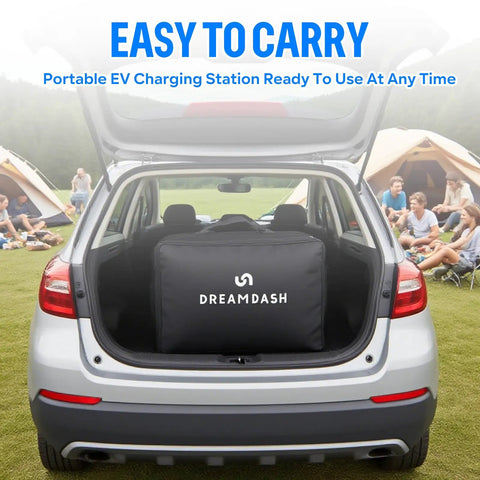 Portable EV charging station in car trunk, ready to use outside camping, featuring a compact design for easy transport.