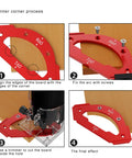 Inner corner cutting process using Top Shelf Aluminum Alloy Router Radius Jig Templates, showcasing alignment and arc fixing steps.