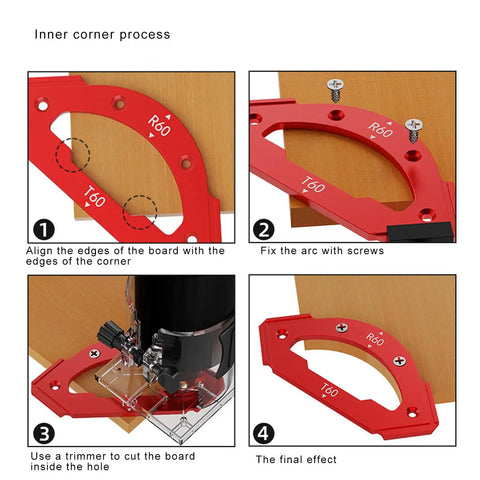 Inner corner cutting process using Top Shelf Aluminum Alloy Router Radius Jig Templates, showcasing alignment and arc fixing steps.