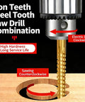 High Speed Steel Titanium Coated 6 Piece Metalworking Tool Set For Drilling, Cutting, And Carving Like A Boss With Serrated Edges For Quick Debris Discharge, Smooth Cuts, And Precision Positioning In Carbon Steel Kit, saw drill bit in use