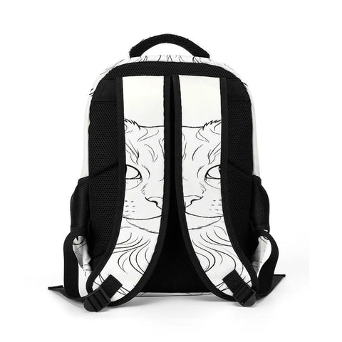 Back view of Long Fluffy Hair Feline Outline Print Unisex Backpack showing straps, breathable back, and cat graphic design.